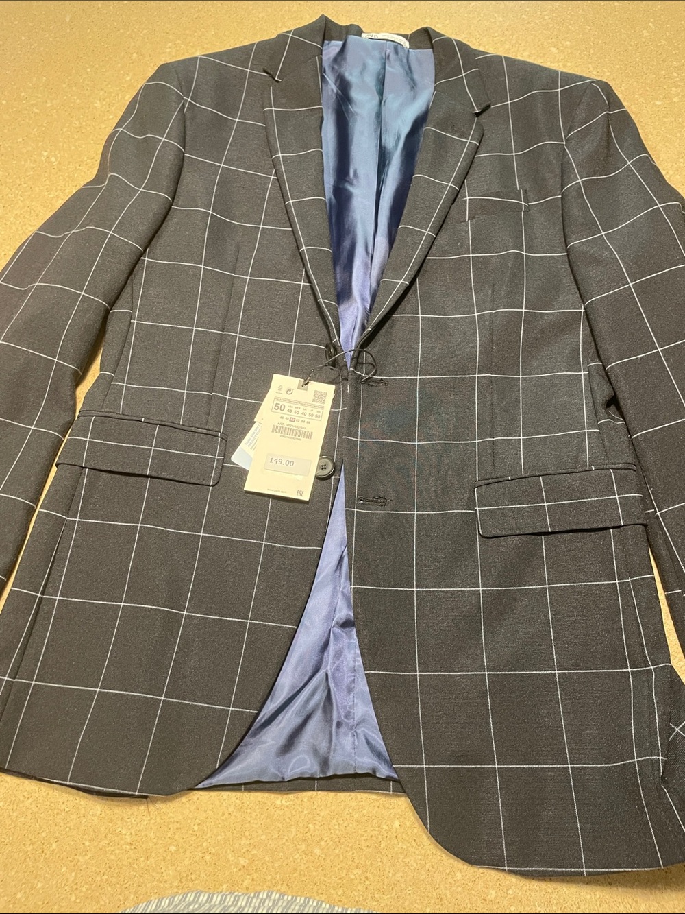 Zara Black Windowpane Sport Coat with Blue Lining